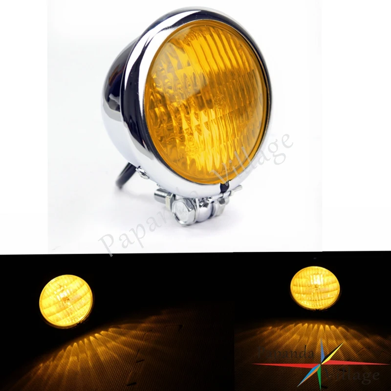 

Papanda Motorcycle Chrome Yellow H4 Vintage 4.5" Front Headlight Headlamp Custom for Harley Bobber Choppers Sportster