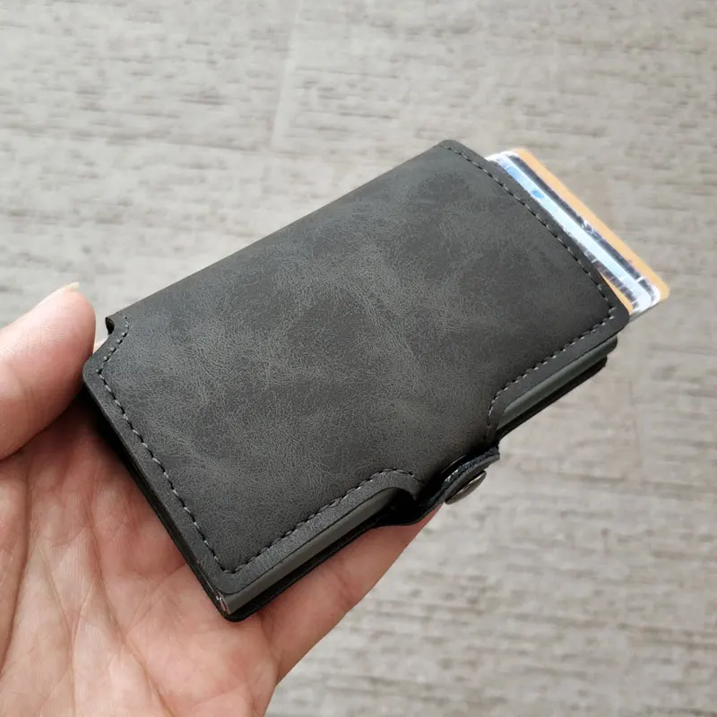 grey RFID Блокировка винтажный автоматический кожаный кредитный держатель для карт мужской металлический алюминиевый сплав Бизнес ID визитница тонкий кошелек - Цвет: grey