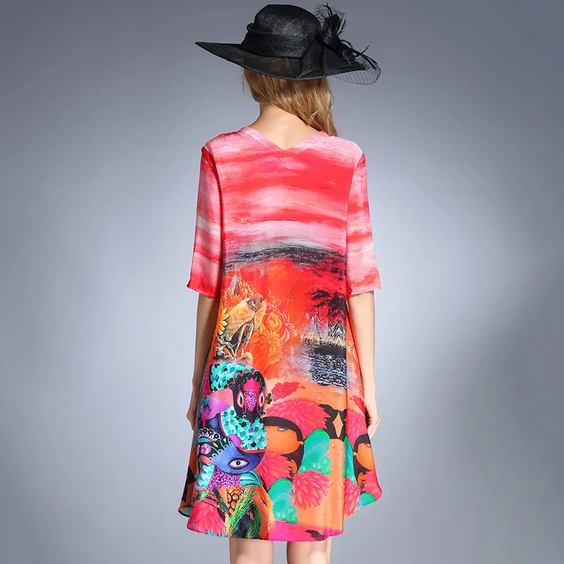 2018 летнее платье Для женщин хлопок шелк пуловер свободного кроя Платье с принтом