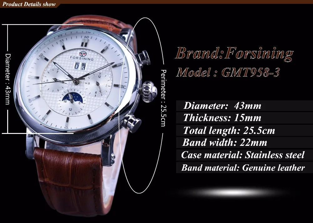 Часы наручные Forsining мужские с белым циферблатом модные брендовые Роскошные