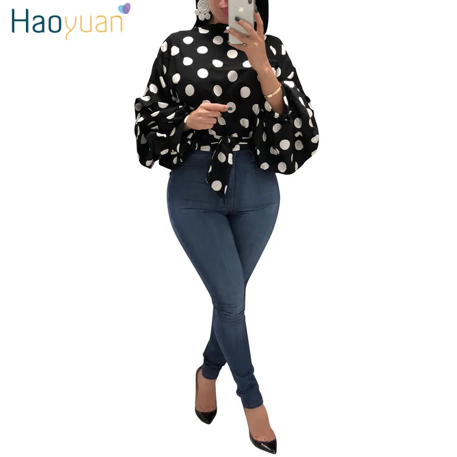 HAOYUAN, Женские топы и блузки в горошек, туника размера плюс, одежда с бантом, длинные рукава, сексуальные рубашки, Осенние повседневные блузки, женские топы