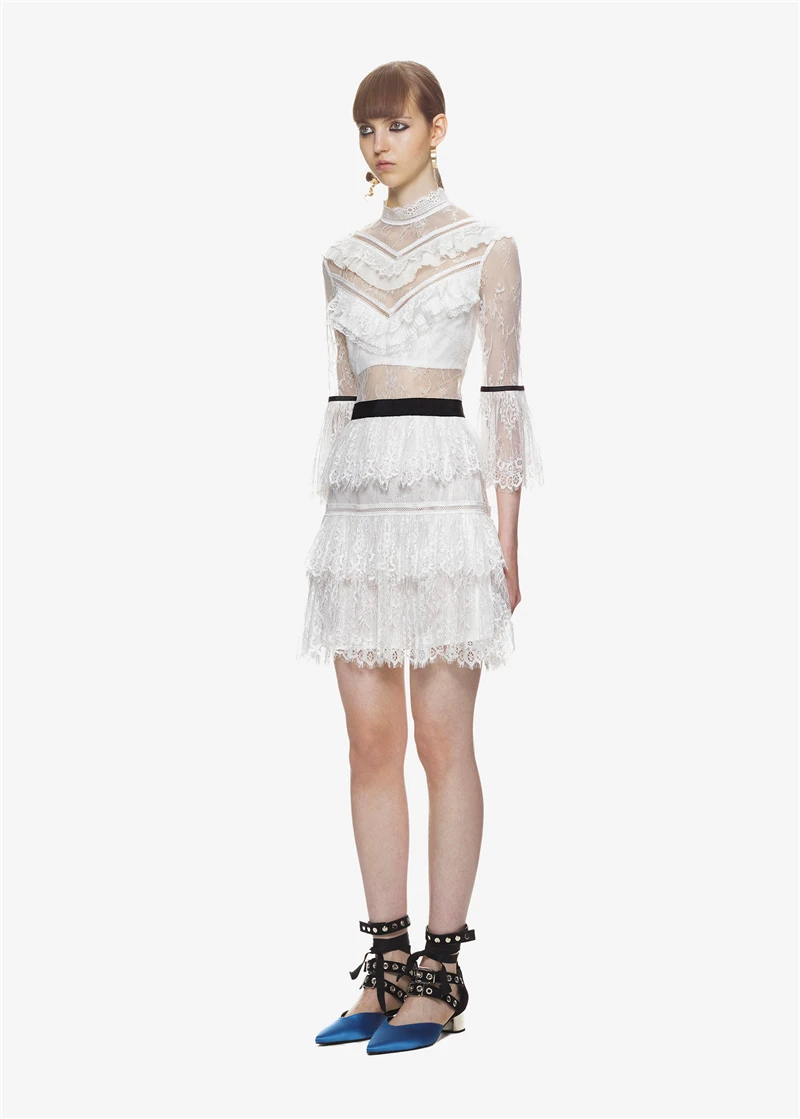 Runway Self Portrait White Lace Women Party Dress 2018 Autumn Patchwork Hollow Out Flare Sleeve Ruffles Slim Holiday | Женская одежда