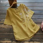 Летняя хлопковая льняная блузка 2021 ZANZEA с вышивкой в винтажном стиле; Топы для женщин короткий рукав футболки женские с круглым вырезом рубашка Blusas химии S-5XL