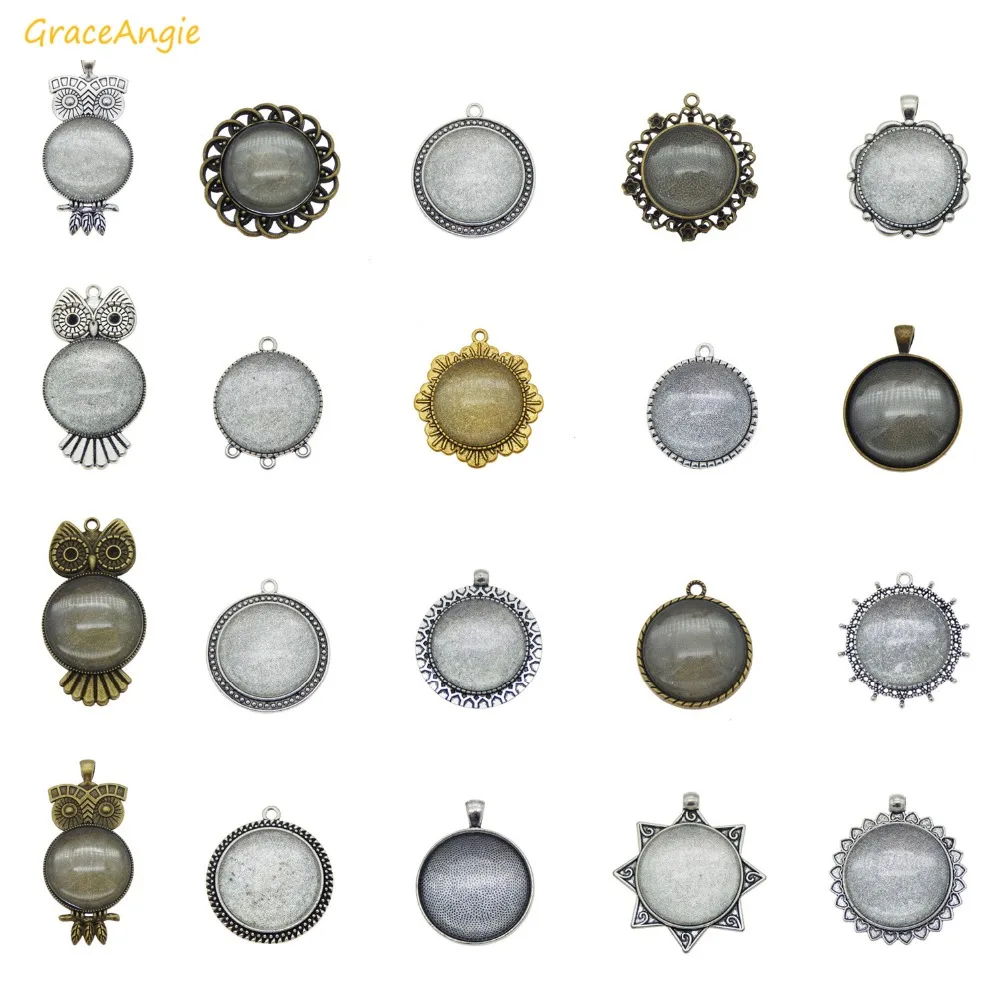 

GraceAngie 5sets round charms Setting Tray Blank Pendant base with Glass owl Zinc Alloy Mixed color cover DIY Necklace Jewelry