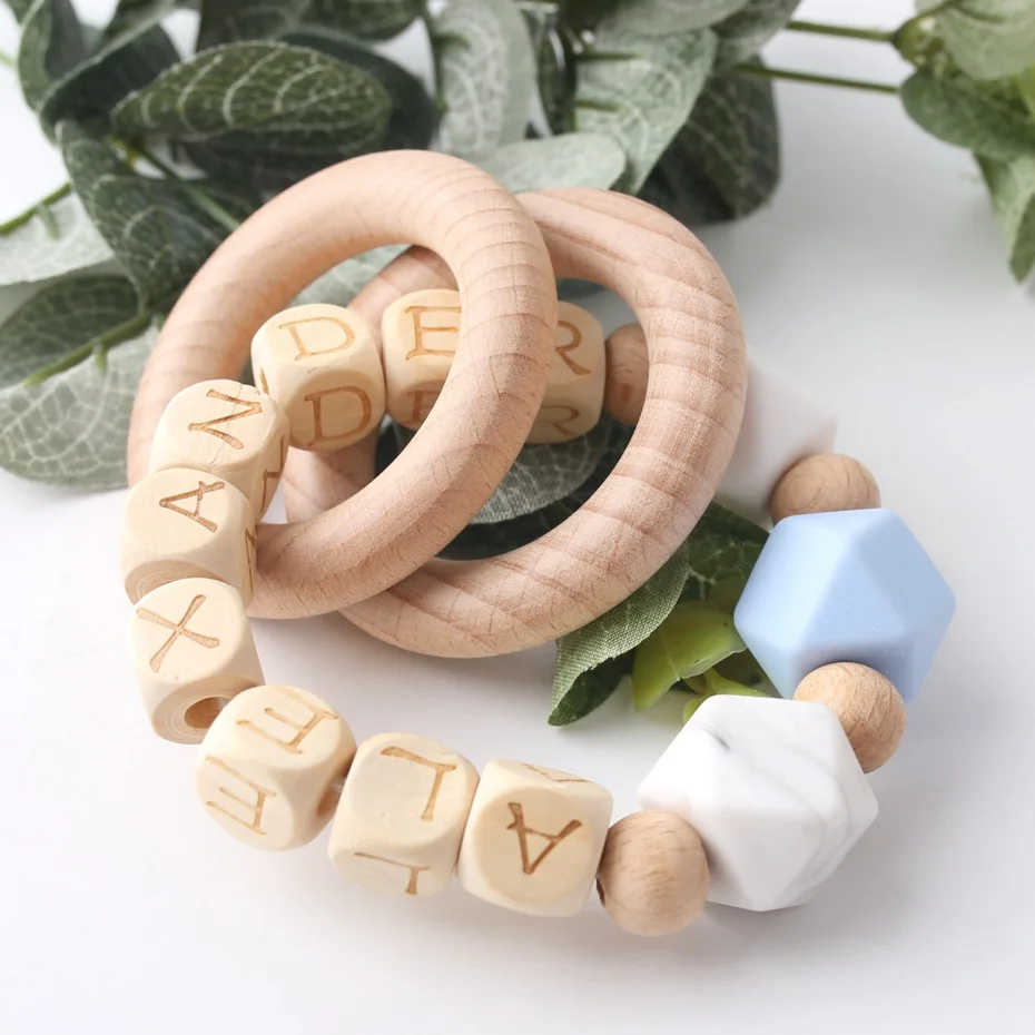 Bracelet Blue Давайте сделаем детский прорезыватель, браслет из бука, деревянное кольцо, настраиваемое имя, персонализированные пищевые материалы, деревянные Прорезыватели для зубов, детские товары - Цвет: Bracelet Blue