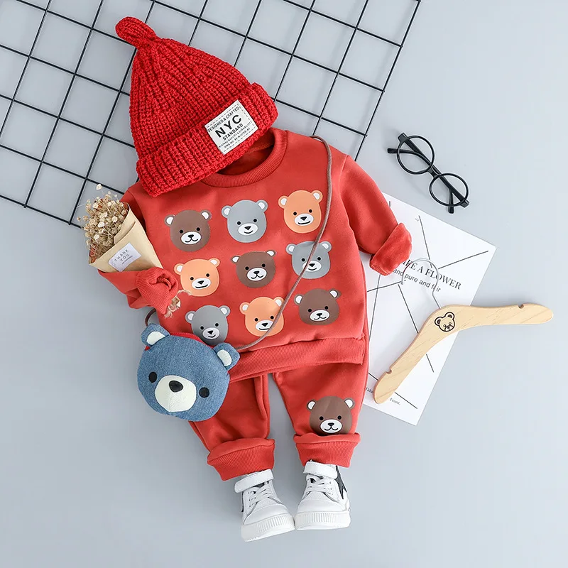 New Winter Baby Boys Long Sleeve Cute bear Fleece Hoodies Sweatshirt + Casual Trousers Kids Girls Two Pieces Suits Clothing Sets | Детская