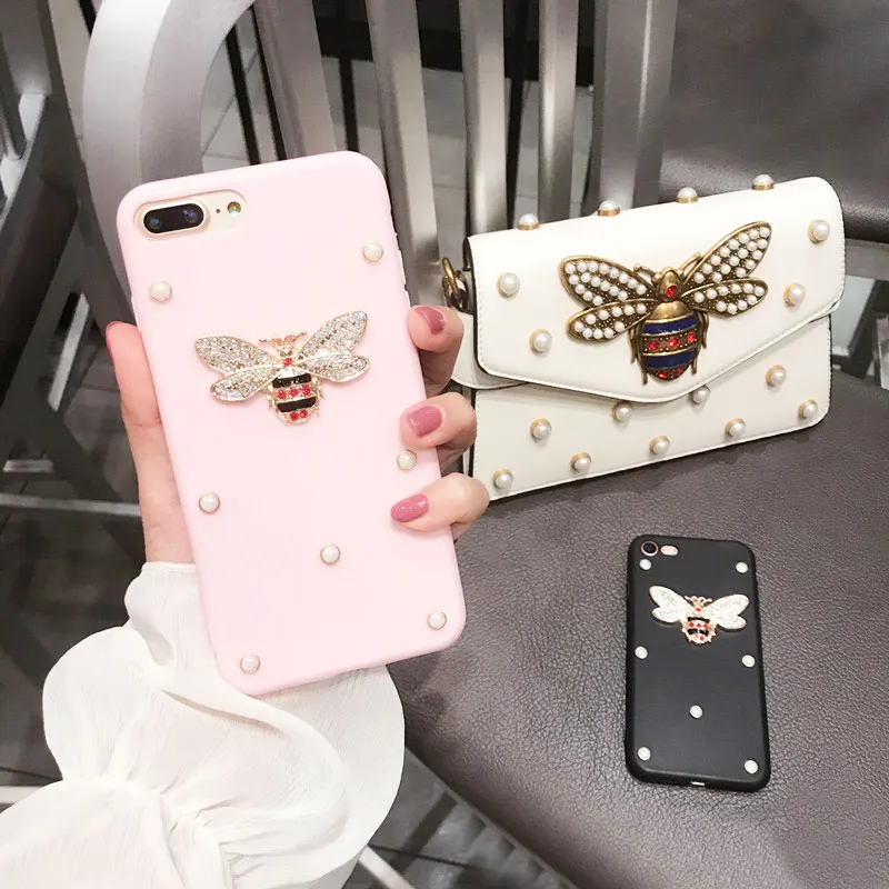 Phone Case for Moto G5/G6 Plus Luxury Cute 3D Bee Pearl Bling Glitter Silicone Soft Back Cover LG K8 K10 2017 Funda Coque |