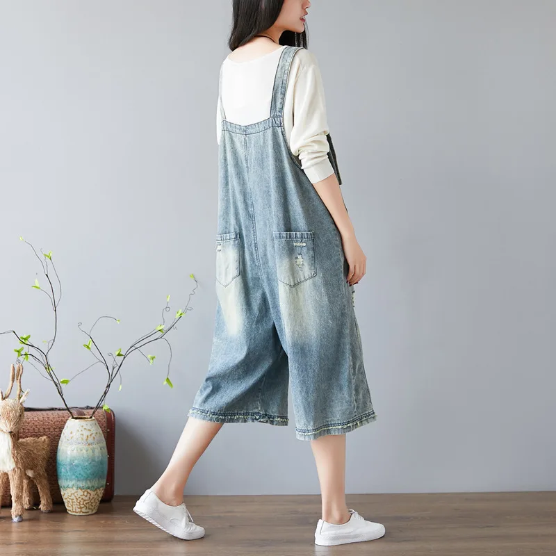 Women Summer Blue Jumpsuit Washed Vintage Loose Hole Jeans Cropped Wide Leg Bib White Scratch Trousers XL-01 | Женская одежда
