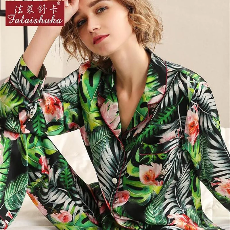 Heavy Silk Pajama Female Spring Autumn Sexy Real Silk Sleepwear Fashion Printed 100% Silkworm Silk Woman Pyjama Sets T8190