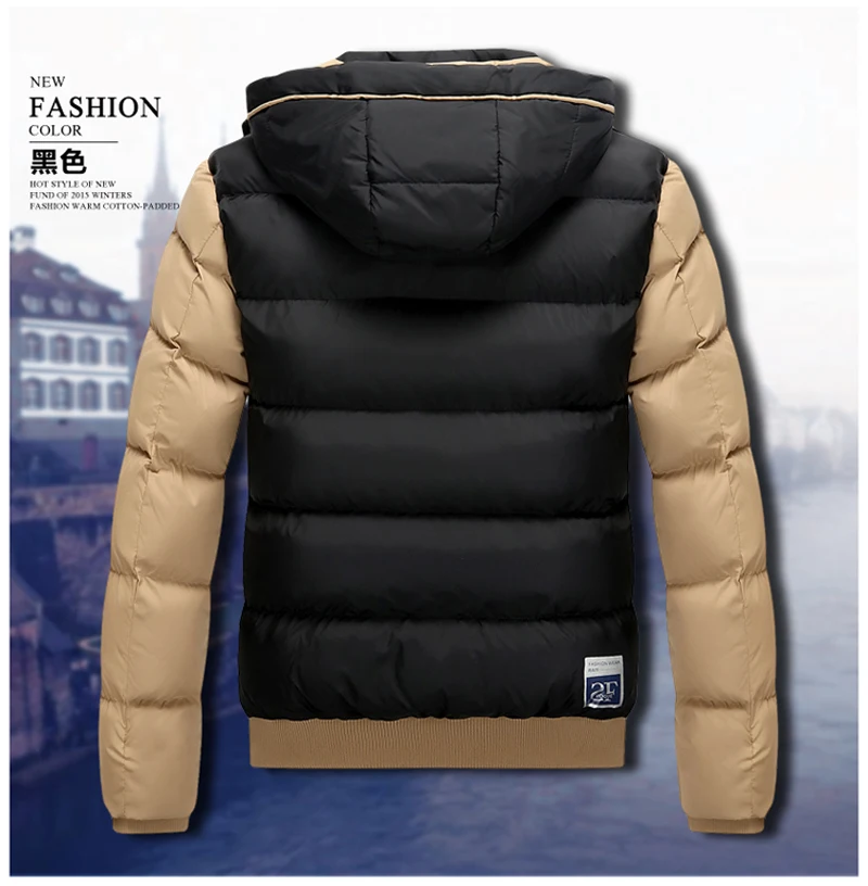 2015 new winter jacket thick cotton men's fashion Slim hooded stiching outdoor coat Free shipping M-3XL | Мужская одежда