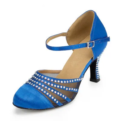 Blue 75mm square Качественные коричневые и синие туфли на квадратном каблуке для бальных танцев, с закрытым носком, стразы, танцевальная обувь для сальсы, женская танцевальная обувь для бальных танцев - Цвет: Blue 75mm square