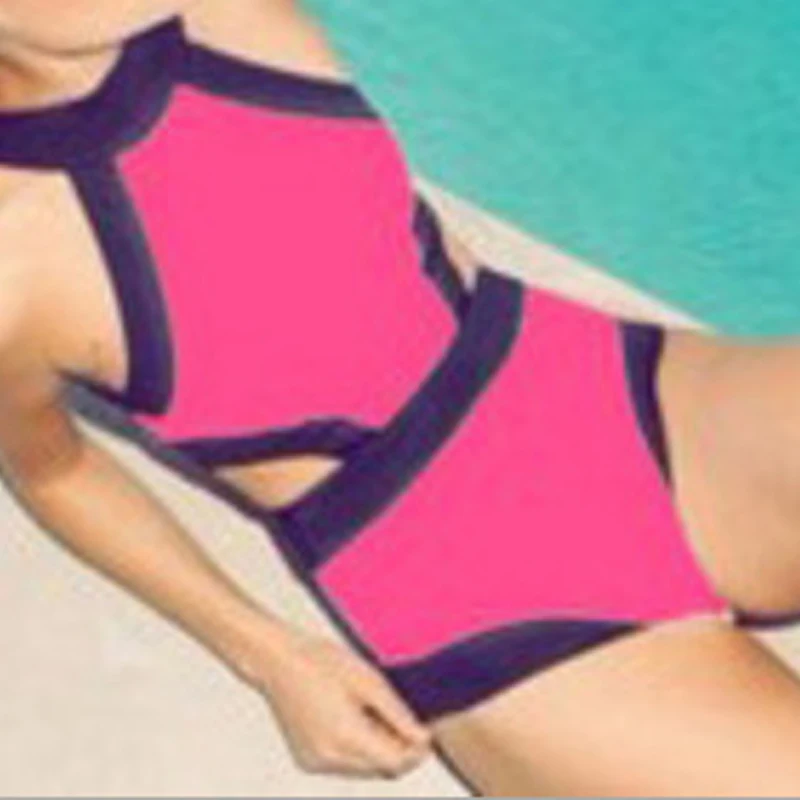 FS черный белый розовый лоскутный купальник с вырезом Холтер высокий вырез