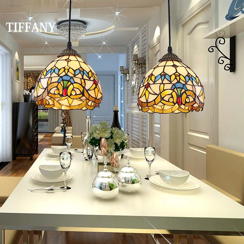 European Tiffany Retro Mediterranean LED Pastoral Stained Glass Pendant Lights Luminaria Teto Hanging Lamps For Home Decoration