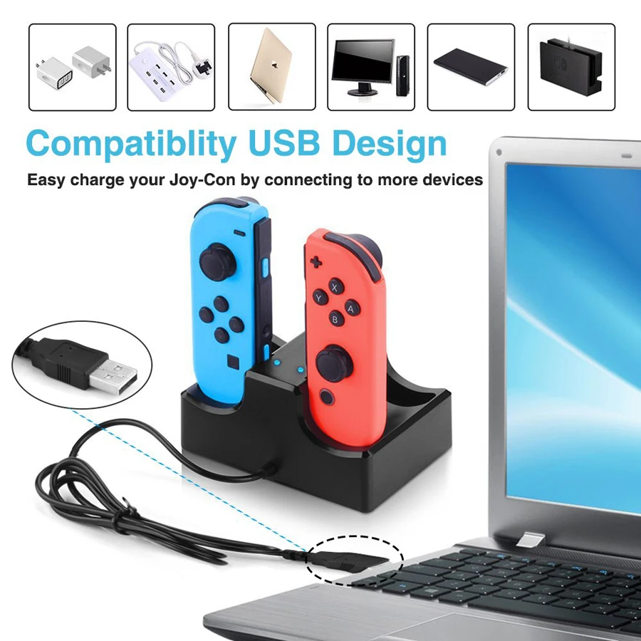 4 в 1 зарядное устройство для Nintendo Switch Joy con со светодиодной зарядной док станцией 2