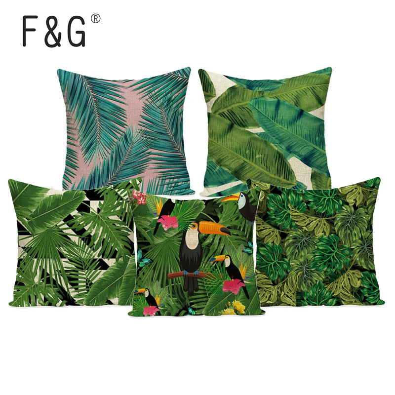 Чехол для подушки с тропическими синими и зелеными растениями модная льняная