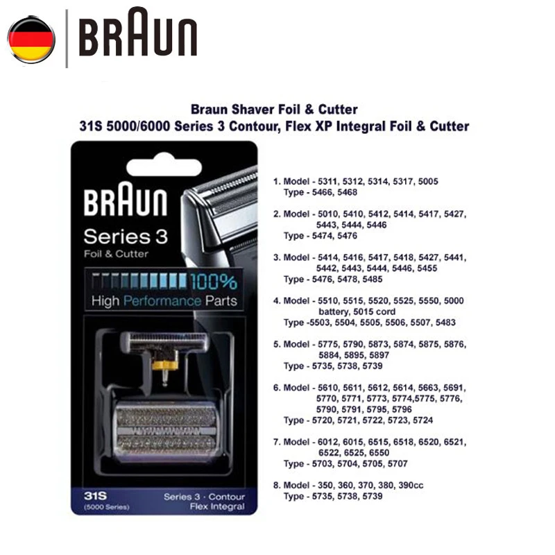 Лезвие бритвы Braun 31S сменная Фольга для электробритвы серии 5000(5775 5875 5877 5895 6520 5000) серебряный цвет