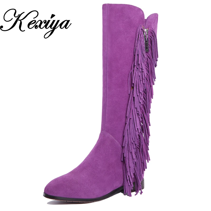 2016 г. Модная зимняя женская обувь из натуральной кожи фиолетовые сапоги на низком
