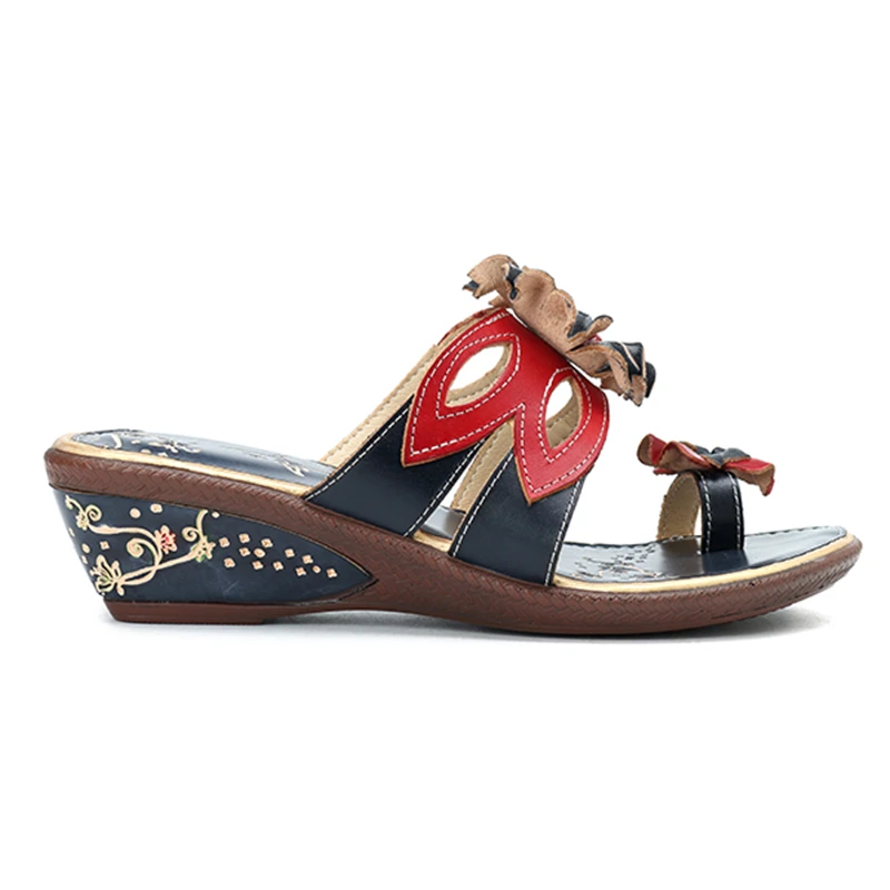 Socofy Flip Flops Slippers Women Shoes Genuine Leather Vintage Flower Ladies Shoes Summer Casual Slippers Beach Flat Slides New