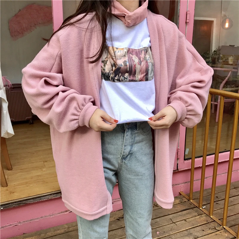 Женский Длинный свитер Ulzzang Harajuku универсальный свободный утепленный кардиган в