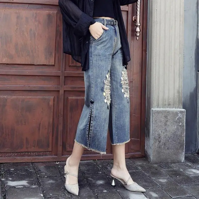 Лоскутные винтажные широкие женские расклешенные джинсы рваные с высокой талией