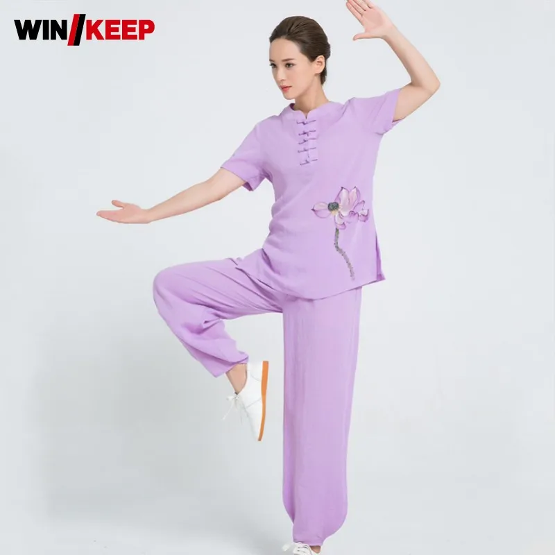 Высококачественный льняной Женский комплект Wushu винтажная одежда с цветочным
