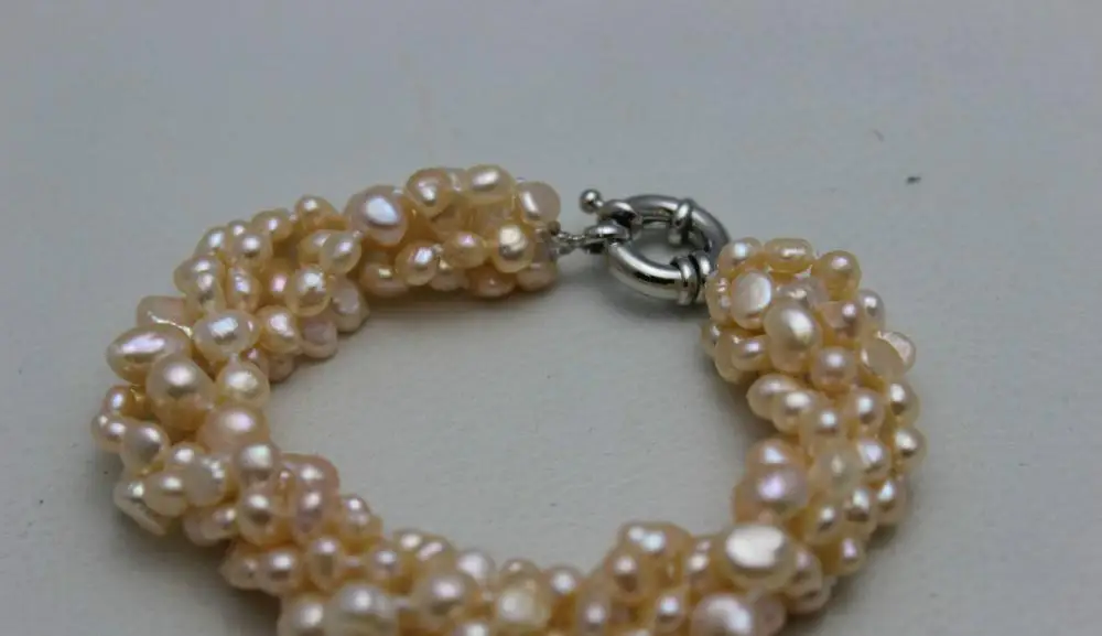 5strand twist natural pink freshwater pearl Beaded bracelet &quotHandmade&quotAlloy 9&quot &gt&gtfree shipping -Bride jewelry free |