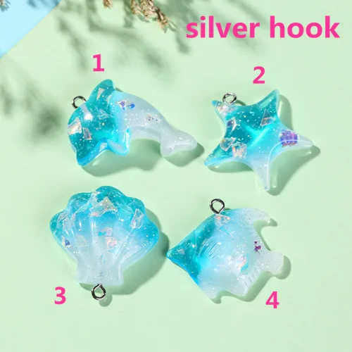 silver hook 10 шт. блестящие кабошоны из смолы с плоским основанием градиентного цвета морские или Морские обитатели тематические подвески для сережек diy - Цвет: silver hook
