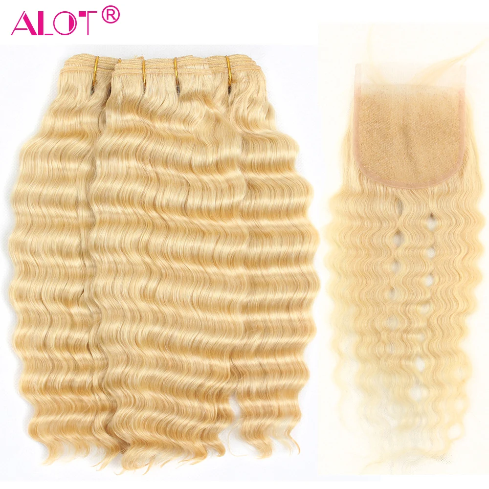 

Malaysian Deep Wave Blonde Bundles With Closure Remy 613 Hair Weave Bundles With 4*4 Closure 100% Human Hair Extensions Alot
