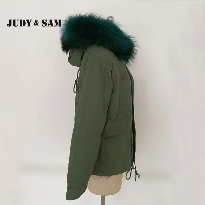 Теплые зимние Армейский зеленый Мех животных парка с реальным енота капюшон