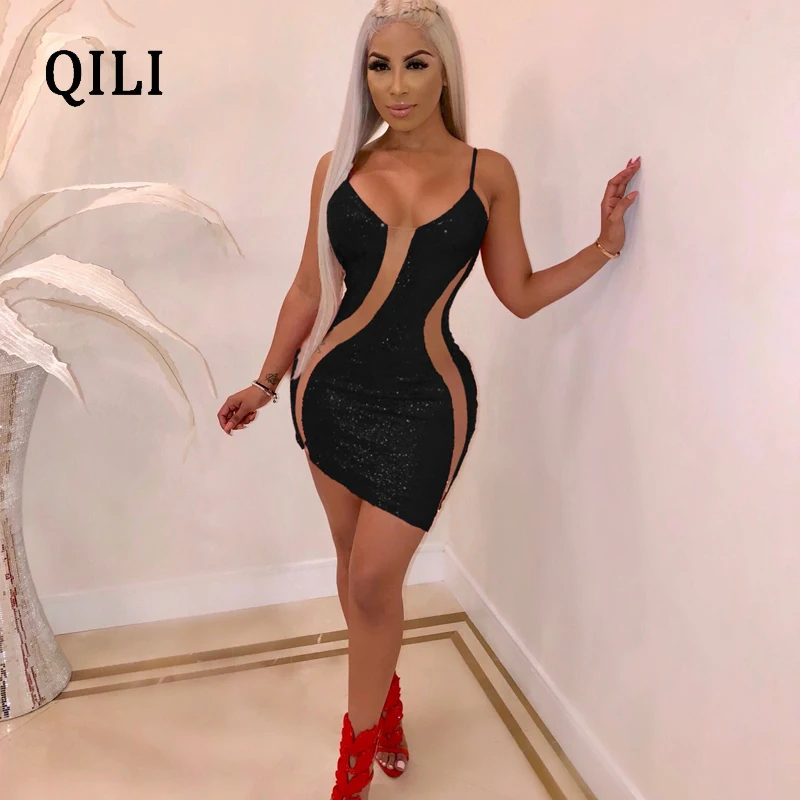 QILI 2019 новое популярное женское платье с блестками Сетчатое лоскутное короткое