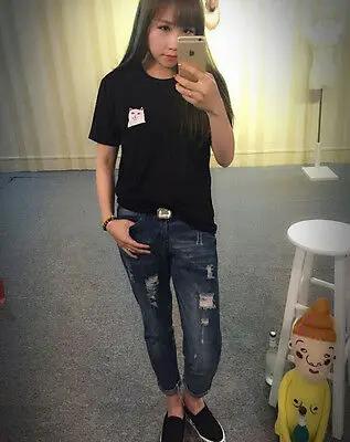 Meihuida 2019 Summer Women's Pocket Cat Cartoon Print T-Shirts Casual Loose Tops Cute Girls Top Tees | Женская одежда