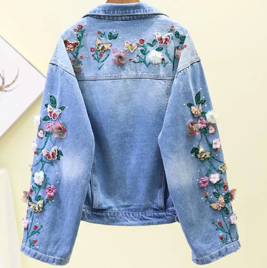 Весенне осеннее Новое модное джинсовое пальто тяжелая работа с блестками