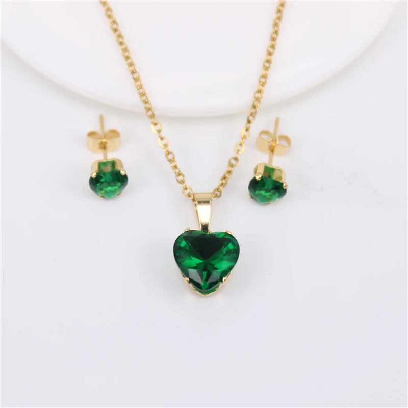 green color Черный, красный, розовый, синий, зеленый, оранжевый, несколько цветов, в форме сердца, набор из кристаллов, серьги, ожерелье,, продукт - Окраска металла: green color