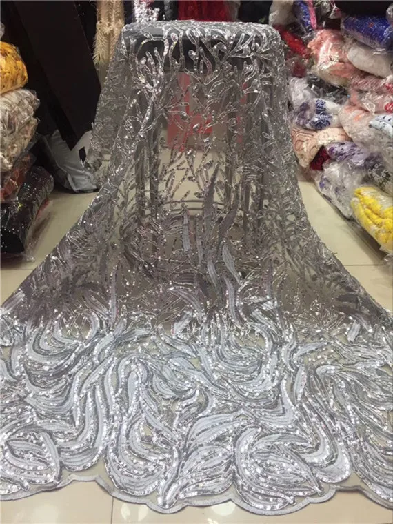 

2019 New Design 5Yards African Handcut Organza Lace Fabric African Voile Lace With Allover Sequins High Quality White silver red