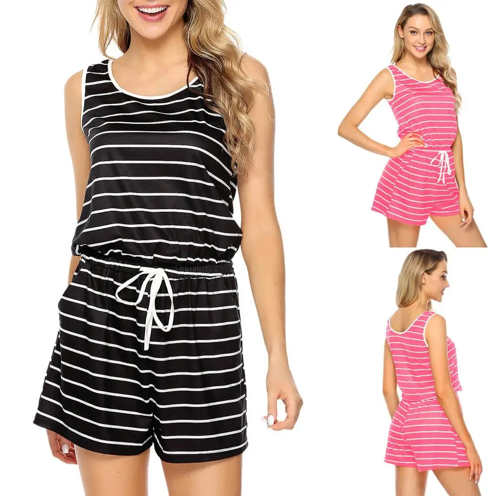 Женский Повседневный комбинезон в полоску без рукавов с карманами и бантом на