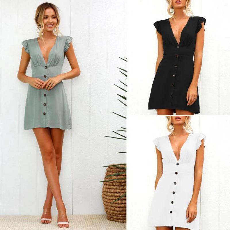 Sexy V-neck Button Design Waist Dress Fashion Casual Solid Women Straight New Style Robe Femme Ete 2018 Mini Summer | Женская одежда