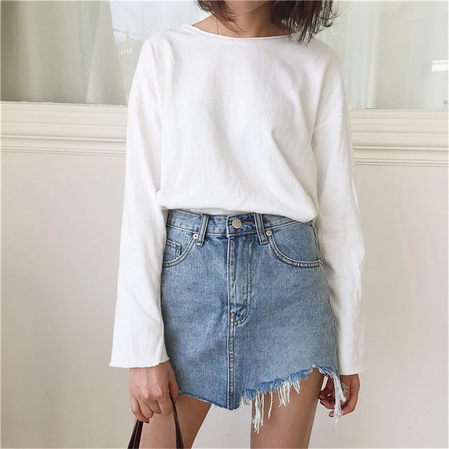 

2019 Summer New Women A-line Mini Denim Skirt Female Slim Tassel High Waist Pocket Jean Skirts Falda de mezclilla