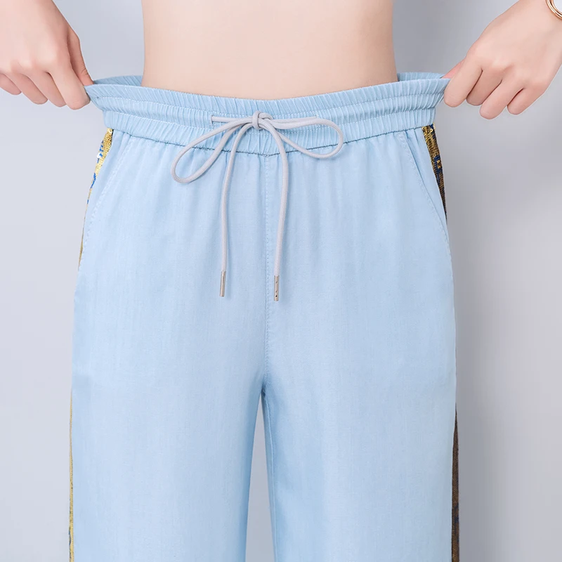 Women Tencel Wide Leg Pants 2019 Summer High Waist Lace Up Striped Loose Full Length Sequin Woman Plus Size 5XL Trousers Женская