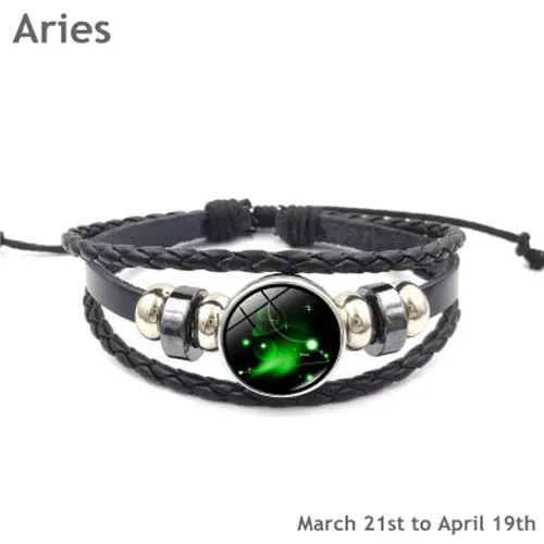 Aries Новые кожаные браслеты ручной работы со светящимися 12 созвездиями и зодиакальными принтами, стеклянный браслет с кнопками, браслет для женщин и мужчин, ювелирные изделия - Окраска металла: Aries