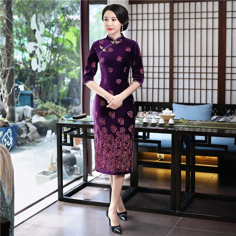 Классическая Вышивка восточных леди бархат Cheongsam Осень зима теплая сценическое шоу длинный Qipao большой размер китайское платье 3XL 4XL
