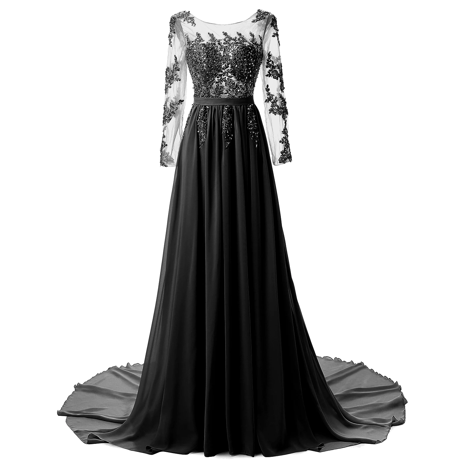 SSYFashion банкетное вечернее платье невесты с длинными рукавами, серое шифоновое кружевное платье с вышивкой, сексуальное платье с открытой спиной и шлейфом, вечерние платья - Цвет: Черный
