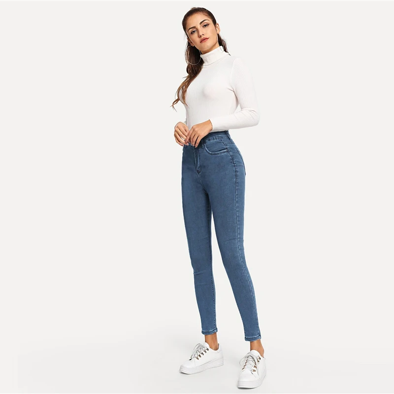 SweatyRocks, простые обтягивающие джинсы, уличная женская уличная одежда, синие джинсы, пуговиц, повседневные джинсовые узкие брюки и брюки