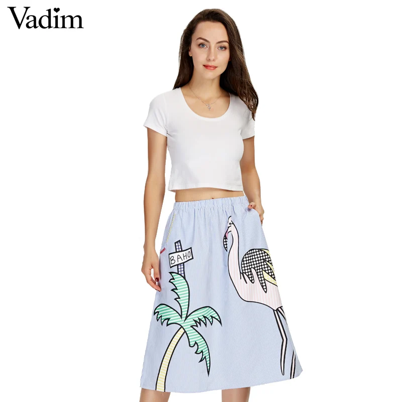 Women sweet coconut tree print striped skirts faldas mujer elastic waist pockets ladies fashion streetwear mid-calf skirt BSQ552 | Женская