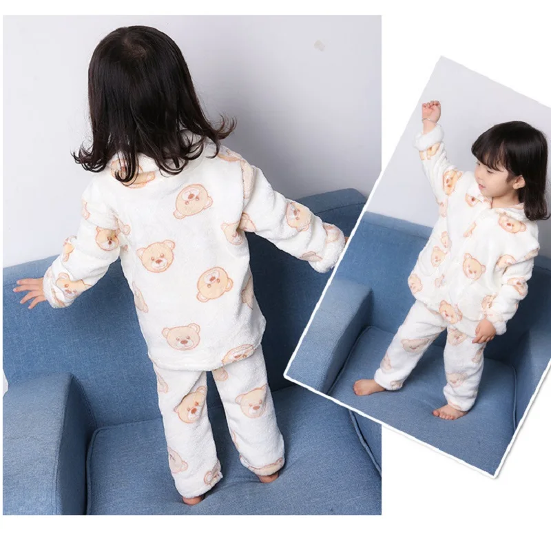 Boys Girls Long Sleeve Flanne warm Pajamas Cotton Children Sleepwear Set Kids sleep clothing sleepwear Suits | Детская одежда и