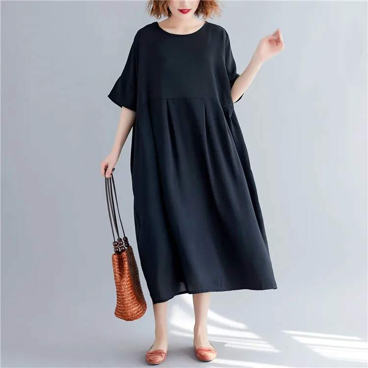 BelineRosa Simple Casual Black Color Dress in Big Sizes High Waist Loose Style Women Dress Cotton Linen Natural CLothesBSDM0250