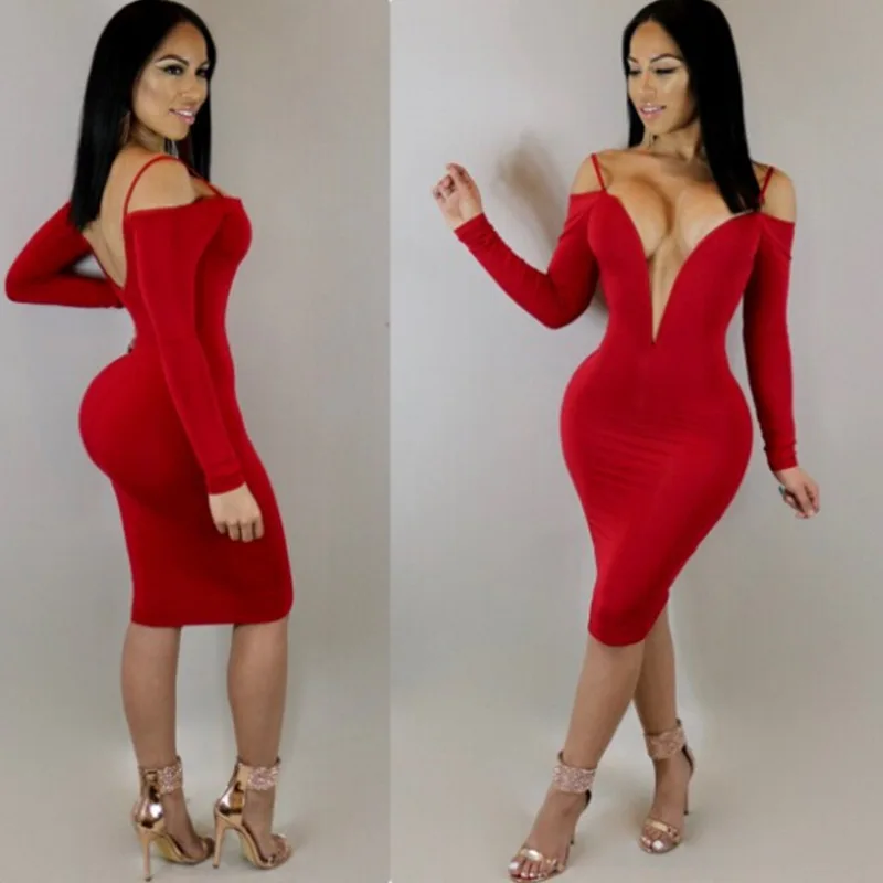Sexy Women Spring Dress 2018 Long Sleeve Plus size Deep V-neck Party Dresses Bodycon Knee-Length red Vestidos | Женская одежда