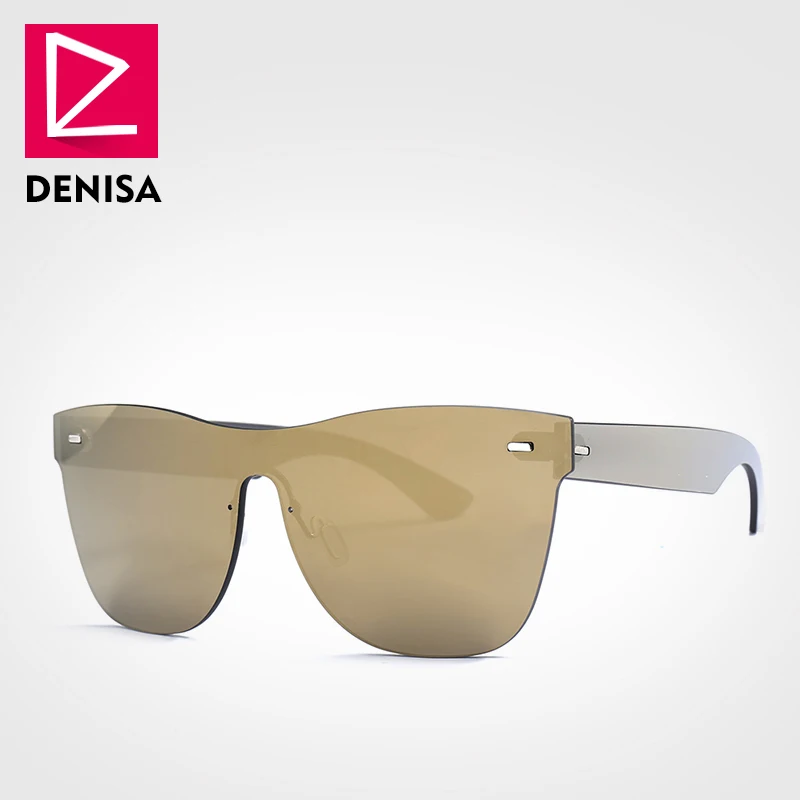 Gold Sunglasses DENISA, Ретро стиль, без оправы, синие солнцезащитные очки, мужские, фирменный дизайн, цельные линзы, квадратные, солнцезащитные очки, для девушек, UV400, Oculos Gafas G8002 - Цвет линз: Gold Sunglasses