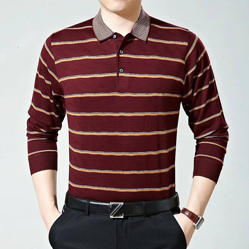 

Autumn Winter Warm Sweater Men Knitted Cashmere Wool Pullover Men Striped Turn-down Collar Pull Shirts Plus Size XL XXL