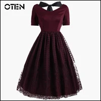 OTEN, Кружевное Платье До Колена, женское, прозрачное, рукав 3/4, круглый вырез, открытая спина, сексуальные, чайные, вечерние, женские, повседневные платья
