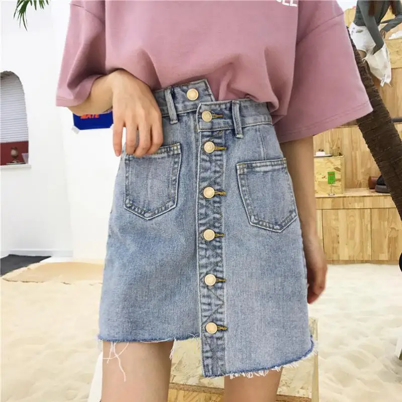 

Zuolunouba 2018 Spring Skirts Women Hong Kong Flavor Chic High-waisted Denim Skirt Student Irregular A Word Package Hip Skirt